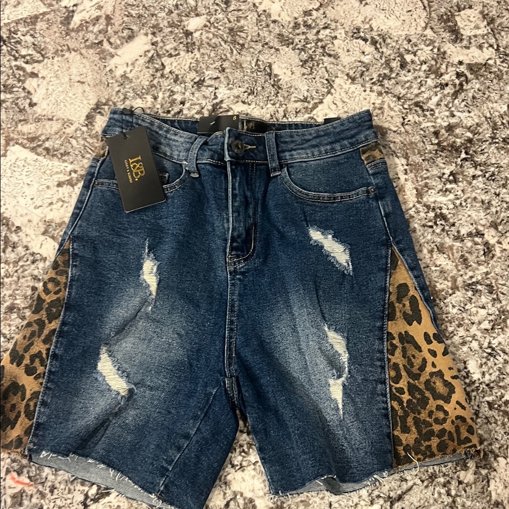 Lucky & Blessed Leopard Brand New Distressed Denim Shorts